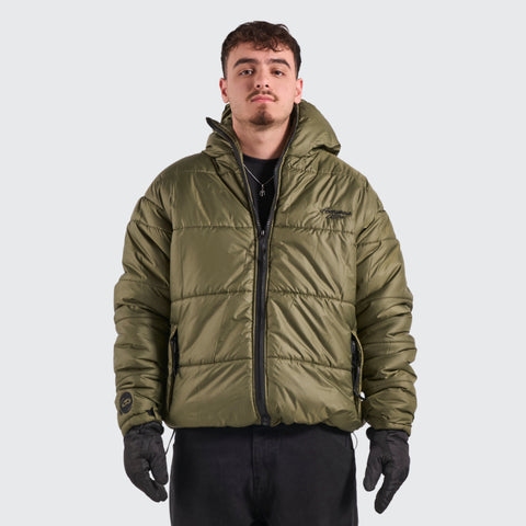 BTO Anonymous Attire masked puffer jacket with full zip hood, black