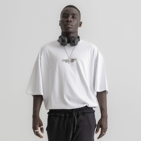 Unisex white box-fit tee in heavyweight Egyptian cotton with bold grungy BTO logo on chest.