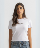 Women’s cropped white baby tee in cotton-lycra with bold grungy BTO logo on chest.