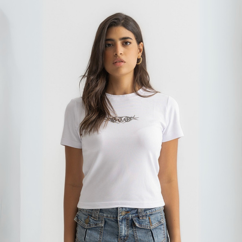 Women’s cropped white baby tee in cotton-lycra with bold grungy BTO logo on chest.