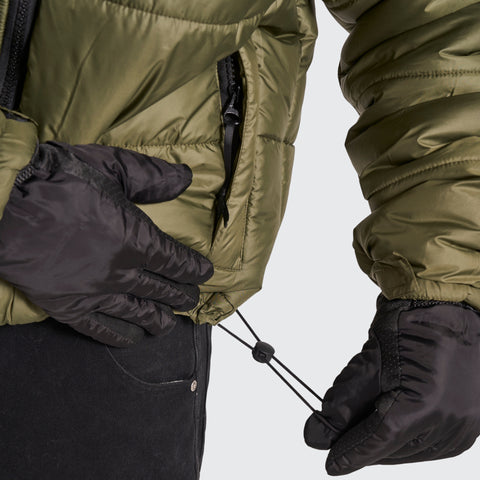 BTO Anonymous Attire masked puffer jacket with full zip hood, army green