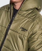 BTO Anonymous Attire masked puffer jacket with full zip hood, army green