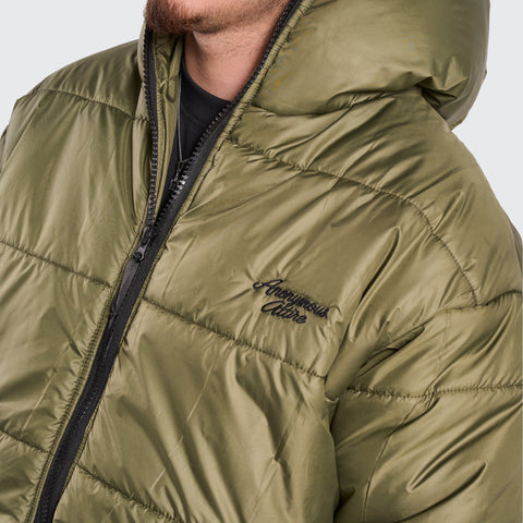 BTO Anonymous Attire masked puffer jacket with full zip hood, army green