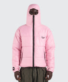 BTO Anonymous Attire masked puffer jacket with full zip hood, pink