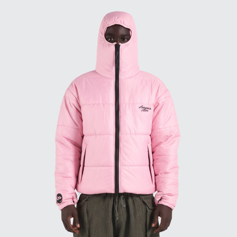 BTO Anonymous Attire masked puffer jacket with full zip hood, pink