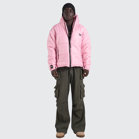 BTO Anonymous Attire masked puffer jacket with full zip hood, pink