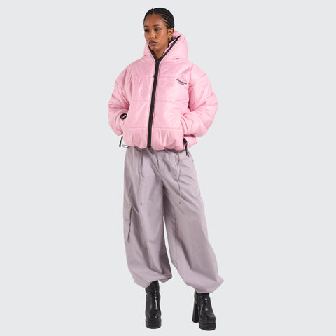 BTO Anonymous Attire masked puffer jacket with full zip hood, pink