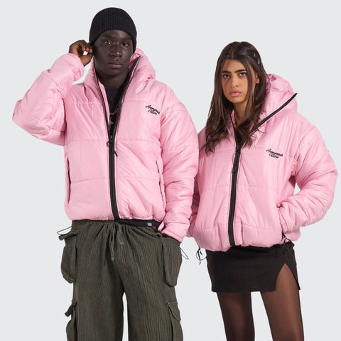 BTO Anonymous Attire masked puffer jacket with full zip hood, pink