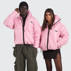 BTO Anonymous Attire masked puffer jacket with full zip hood, pink