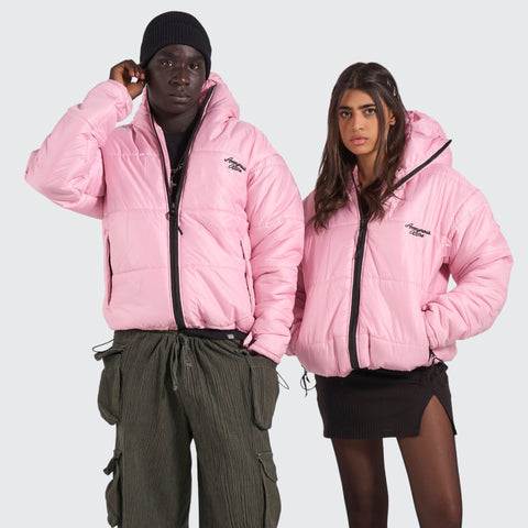 BTO Anonymous Attire masked puffer jacket with full zip hood, pink