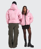 BTO Anonymous Attire masked puffer jacket with full zip hood, pink