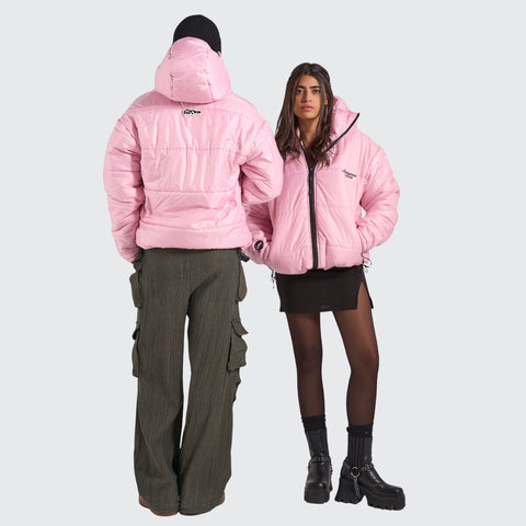 BTO Anonymous Attire masked puffer jacket with full zip hood, pink