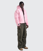 BTO Anonymous Attire masked puffer jacket with full zip hood, pink