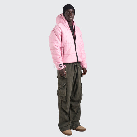 BTO Anonymous Attire masked puffer jacket with full zip hood, pink