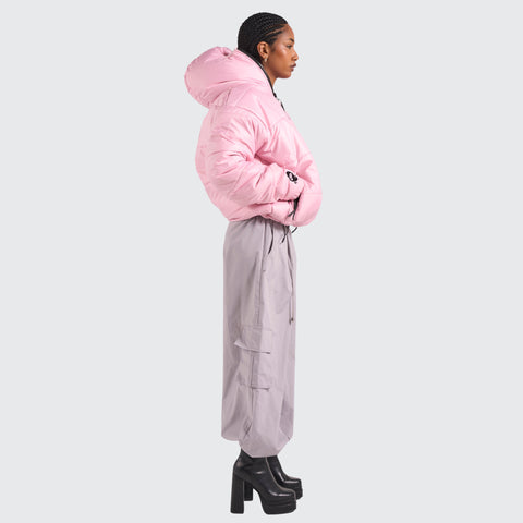 BTO Anonymous Attire masked puffer jacket with full zip hood, pink