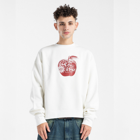 Sabah El Tofah Morning Market sweatshirt – white boxy cropped fit with burgundy silk-screen front print, BTX x Nada Sultan