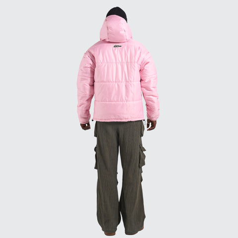 BTO Anonymous Attire masked puffer jacket with full zip hood, pink