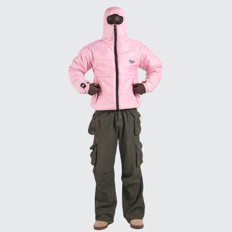 BTO Anonymous Attire masked puffer jacket with full zip hood, pink