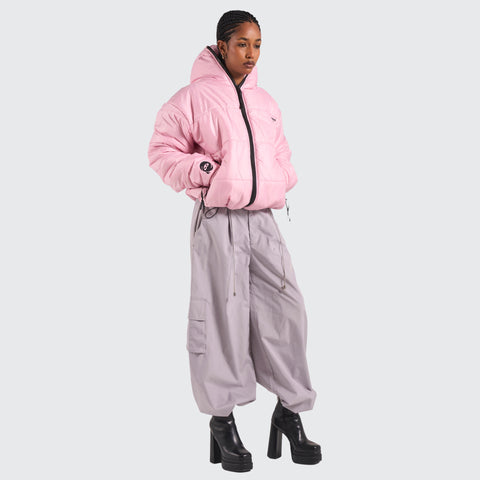 BTO Anonymous Attire masked puffer jacket with full zip hood, pink