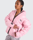 BTO Anonymous Attire masked puffer jacket with full zip hood, pink