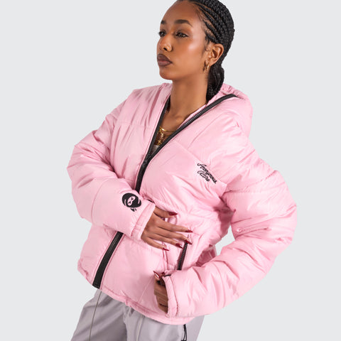 BTO Anonymous Attire masked puffer jacket with full zip hood, pink