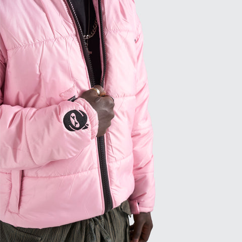 BTO Anonymous Attire masked puffer jacket with full zip hood, pink