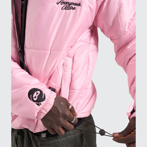 BTO Anonymous Attire masked puffer jacket with full zip hood, pink