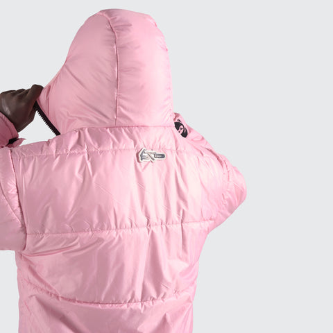 BTO Anonymous Attire masked puffer jacket with full zip hood, pink