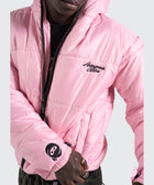 BTO Anonymous Attire masked puffer jacket with full zip hood, pink