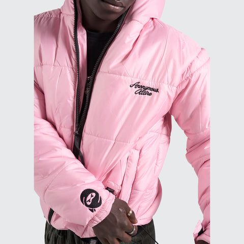 BTO Anonymous Attire masked puffer jacket with full zip hood, pink