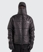 BTO Anonymous Attire masked puffer jacket with full zip hood, black