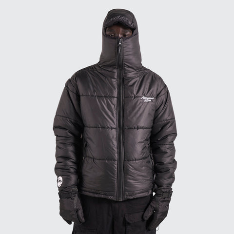 BTO Anonymous Attire masked puffer jacket with full zip hood, black
