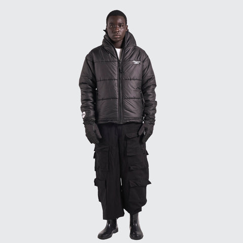 BTO Anonymous Attire masked puffer jacket with full zip hood, black