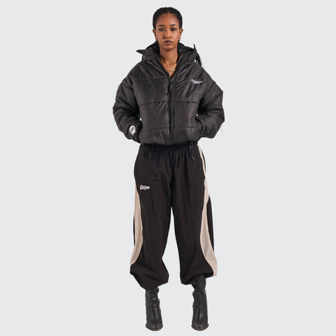 BTO Anonymous Attire masked puffer jacket with full zip hood, black