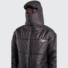 BTO Anonymous Attire masked puffer jacket with full zip hood, black
