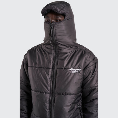 BTO Anonymous Attire masked puffer jacket with full zip hood, black