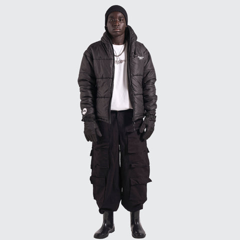 BTO Anonymous Attire masked puffer jacket with full zip hood, black