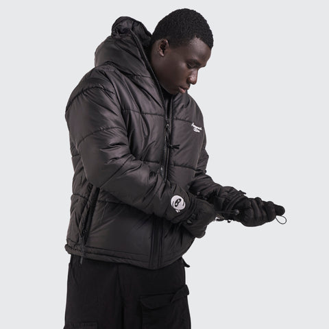 BTO Anonymous Attire masked puffer jacket with full zip hood, black