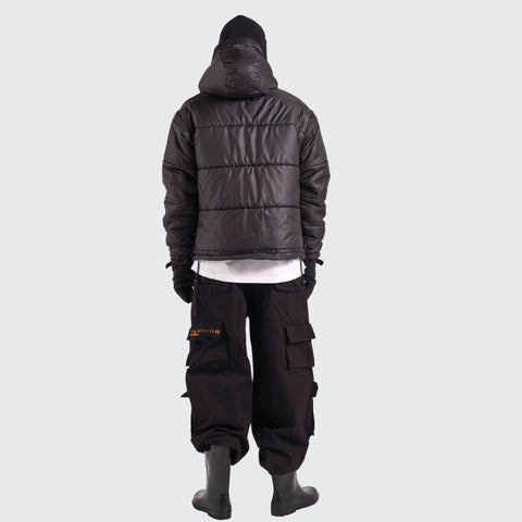 BTO Anonymous Attire masked puffer jacket with full zip hood, black