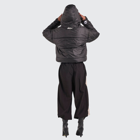 BTO Anonymous Attire masked puffer jacket with full zip hood, black