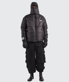 BTO Anonymous Attire masked puffer jacket with full zip hood, black