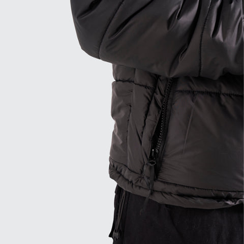 BTO Anonymous Attire masked puffer jacket with full zip hood, black