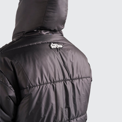 BTO Anonymous Attire masked puffer jacket with full zip hood, black