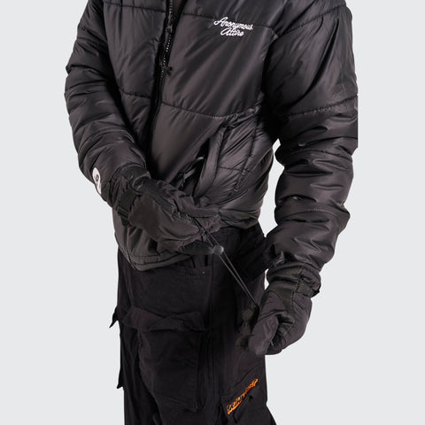 BTO Anonymous Attire masked puffer jacket with full zip hood, black