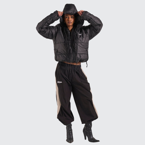 BTO Anonymous Attire masked puffer jacket with full zip hood, black