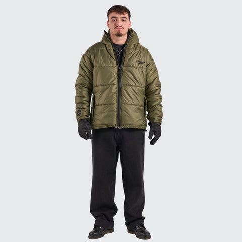 BTO Anonymous Attire masked puffer jacket with full zip hood, army