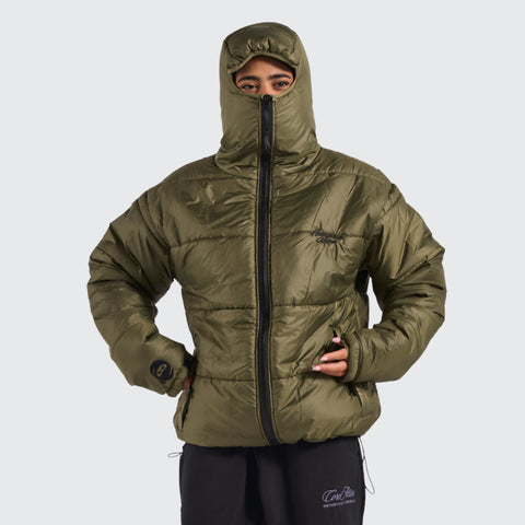 BTO Anonymous Attire masked puffer jacket with full zip hood, black