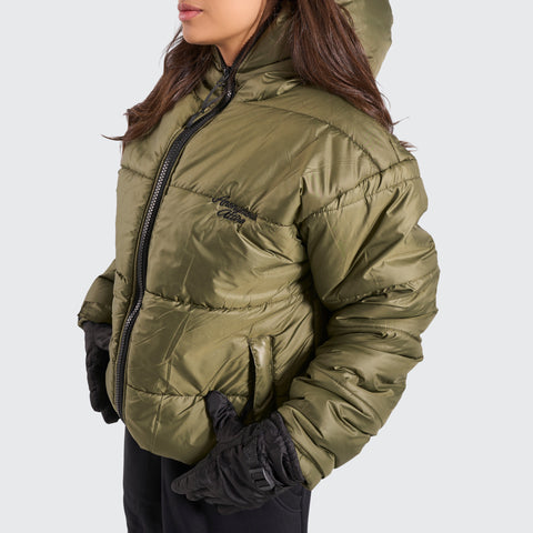BTO Anonymous Attire masked puffer jacket with full zip hood, army green
