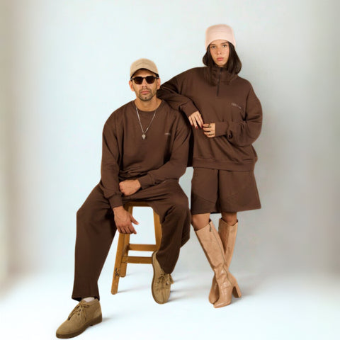 Core Quarter Zip Up sweatshirt in brown, front view showcasing relaxed boxy fit and minimal design.