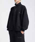 Core Quarter Zip Up sweatshirt in black, front view showcasing relaxed boxy fit and minimal design.